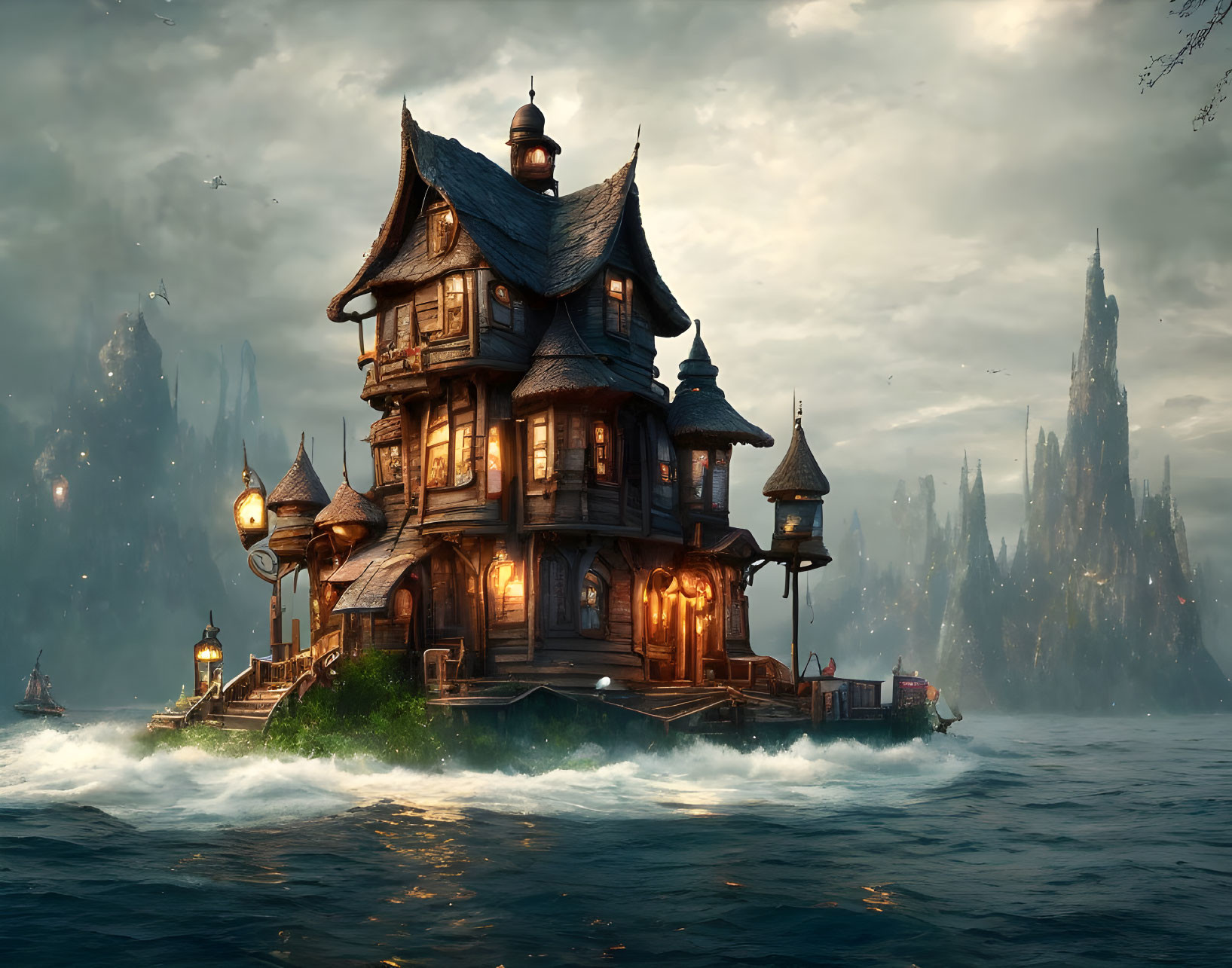 Mystical wooden house on small island in turbulent waters