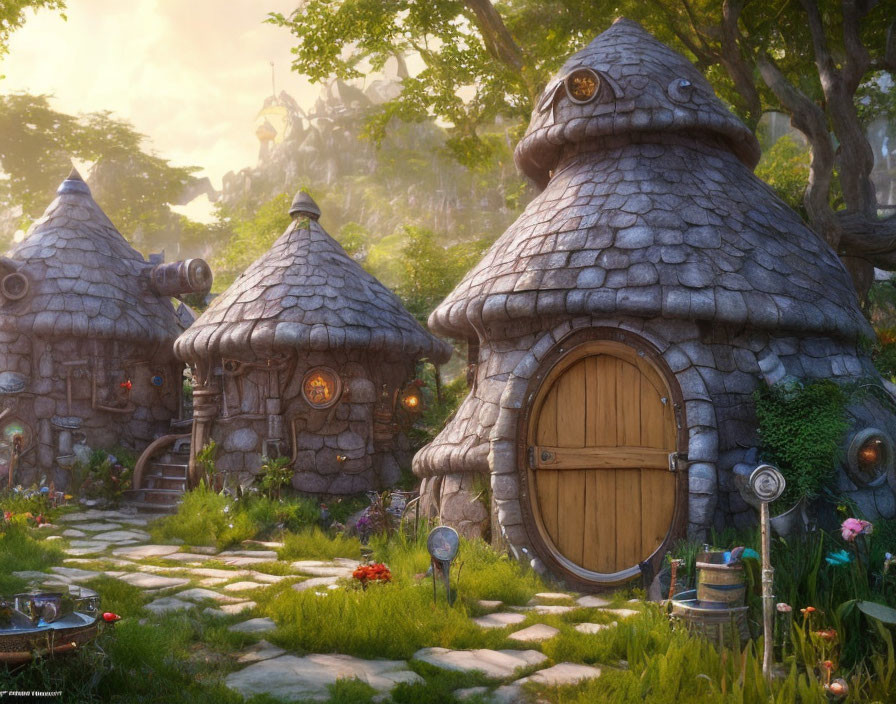 Digital illustration of stone fairy-tale cottages in lush forest glade