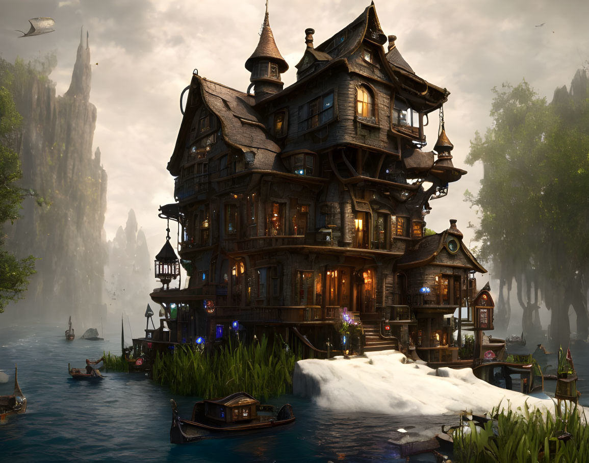 Fantastical multi-story wooden house on island with spires, surrounded by water and boats, forest