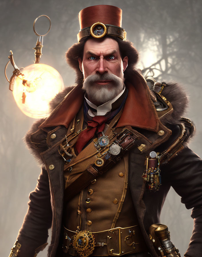 Steampunk-themed portrait of a man in intricate attire