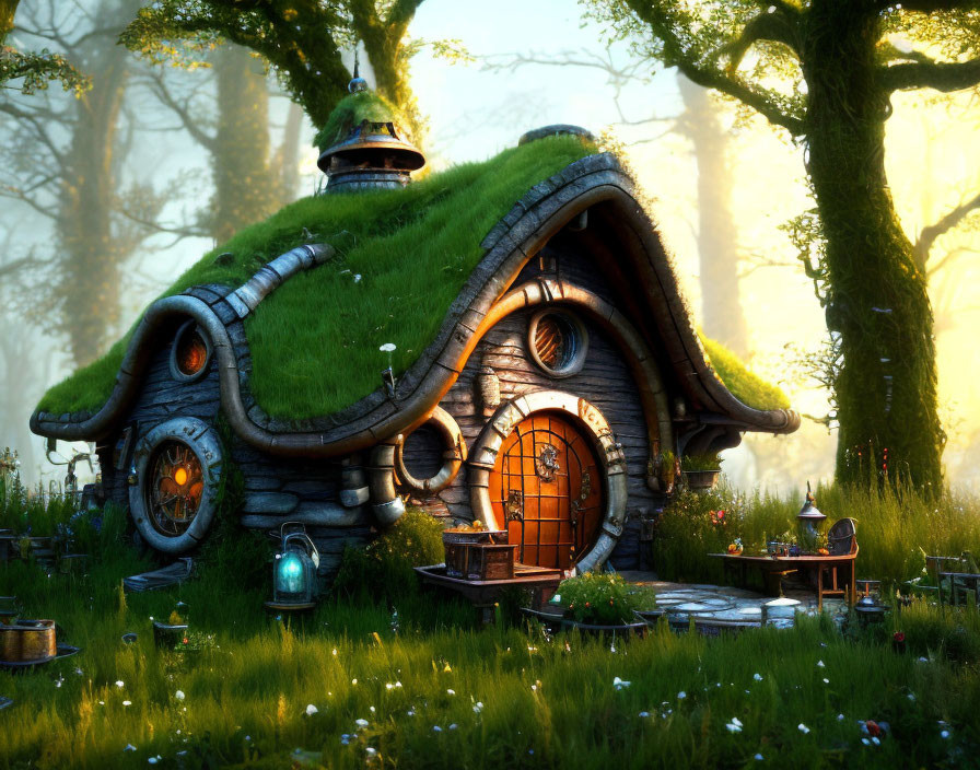 Enchanting forest cottage with grass roof and round windows