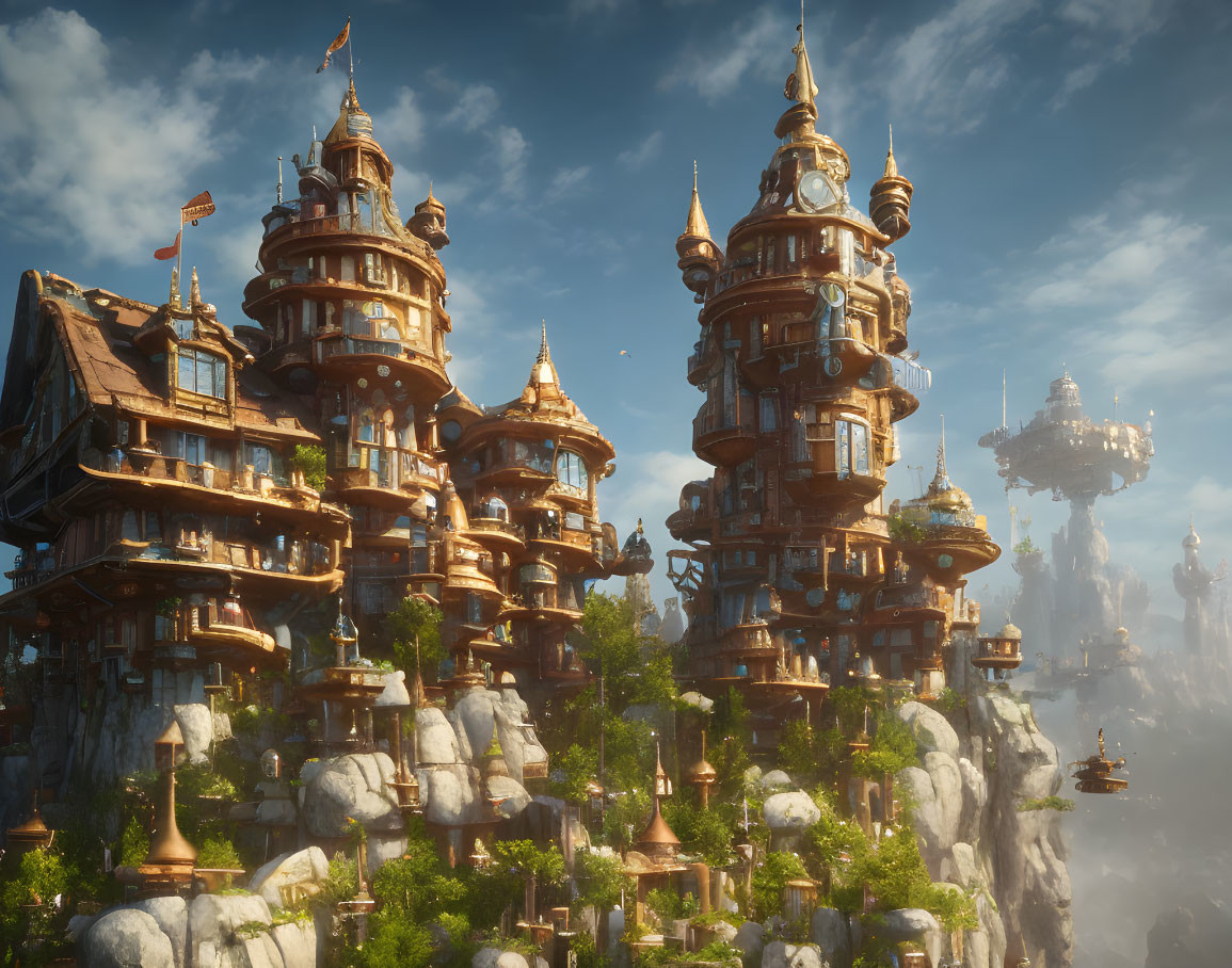 Whimsical towers and buildings on fantasy floating islands