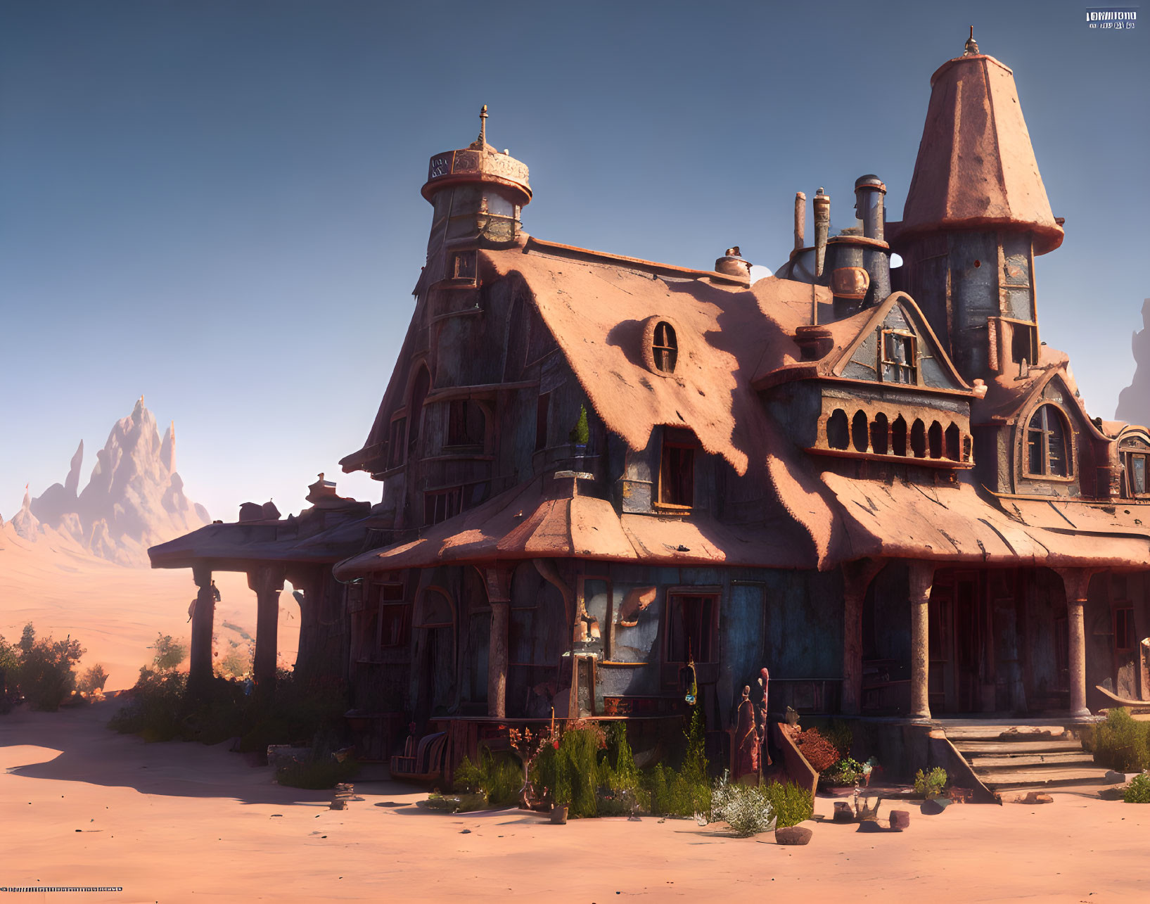 Whimsical house with turrets in desert landscape at dusk