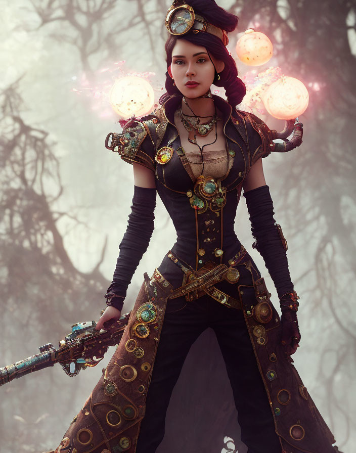 Fantasy art: Woman in steampunk attire with futuristic weapon in misty forest