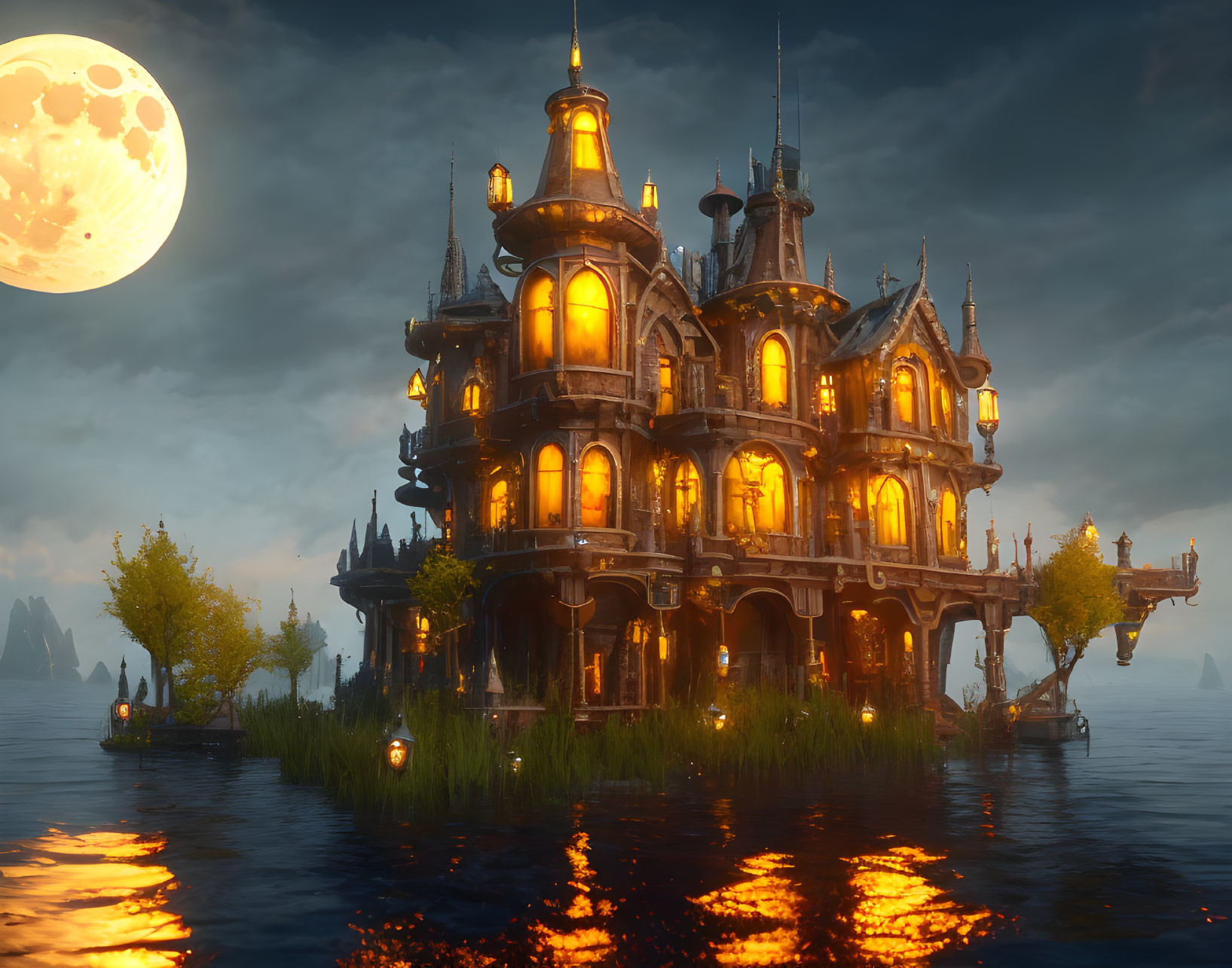 Victorian mansion on water at dusk with glowing windows and large moon