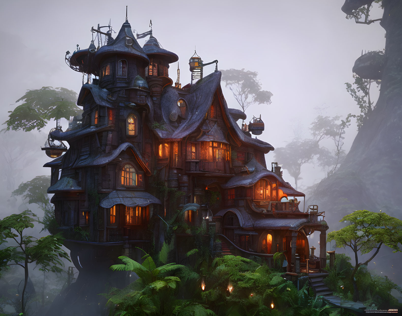 Multi-Level Fantasy Treehouse in Misty Forest Environment