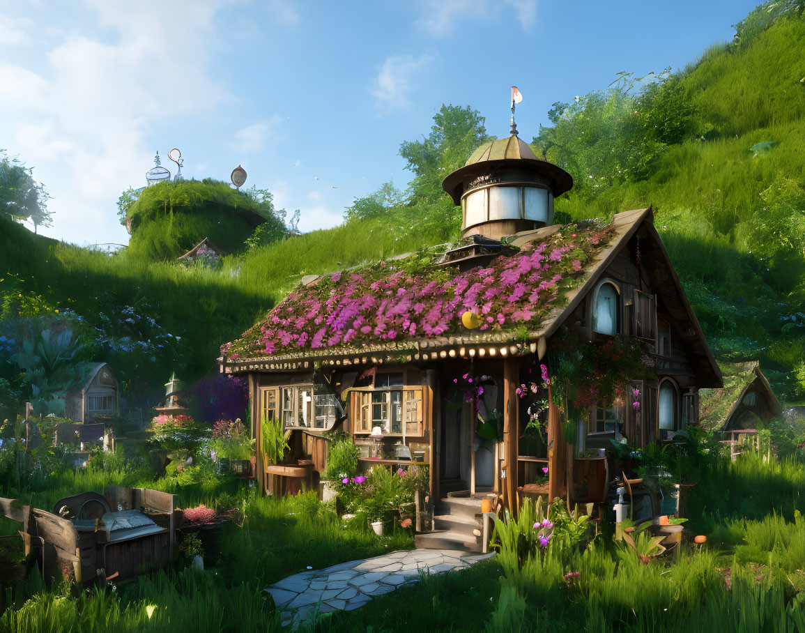 Charming cottage with flower-covered roof on green hillside