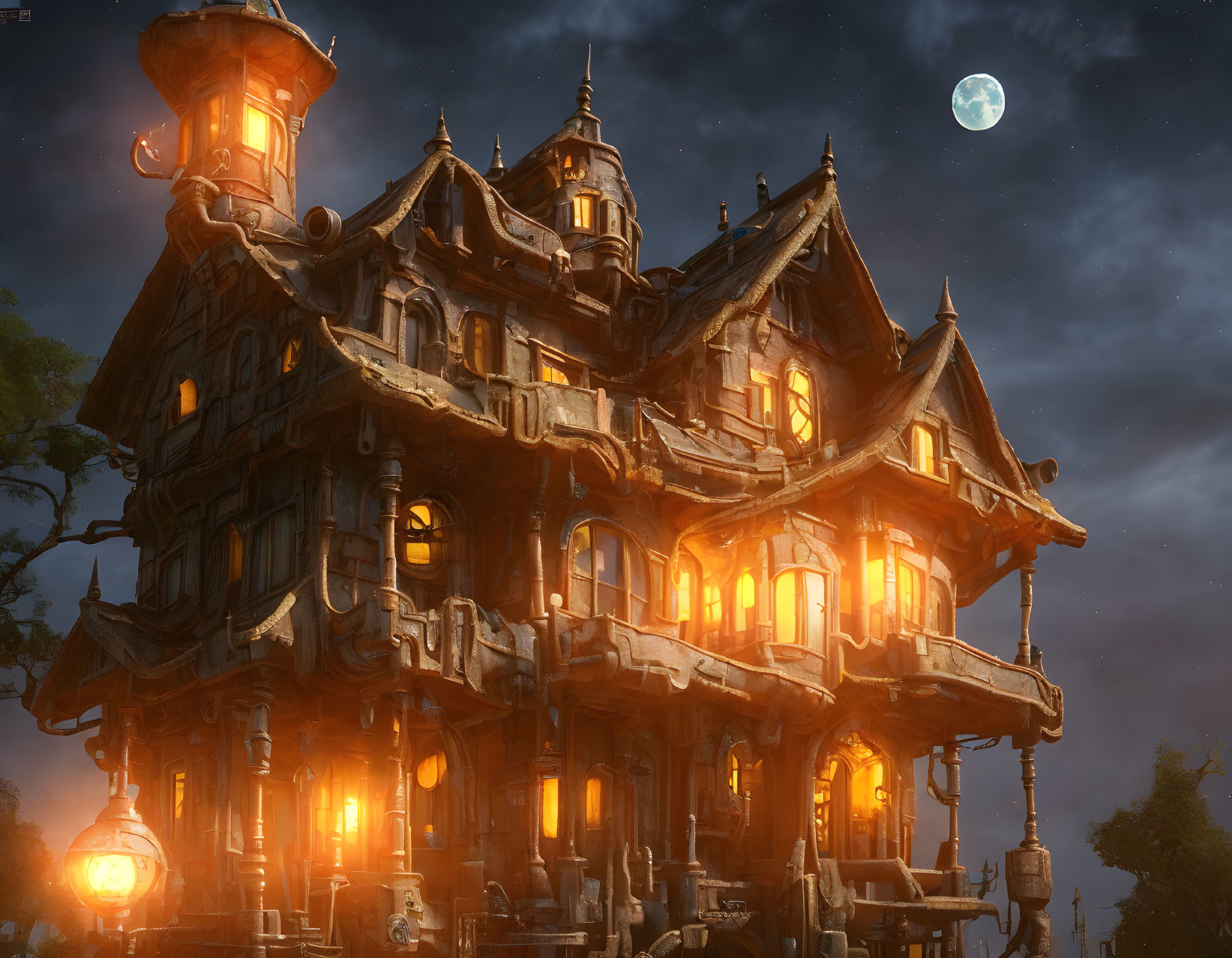 Eerie Victorian mansion at night under full moon