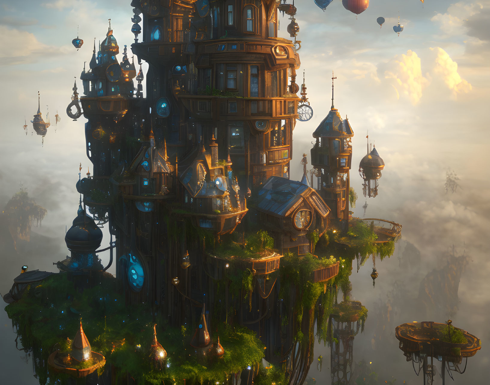 Intricate towers and glowing orbs in floating city at sunset