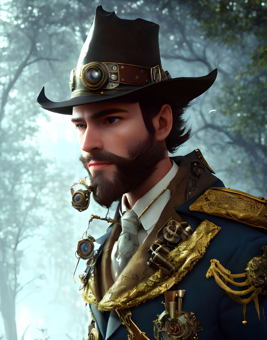 Steampunk-themed 3D rendering of a bearded man in forest