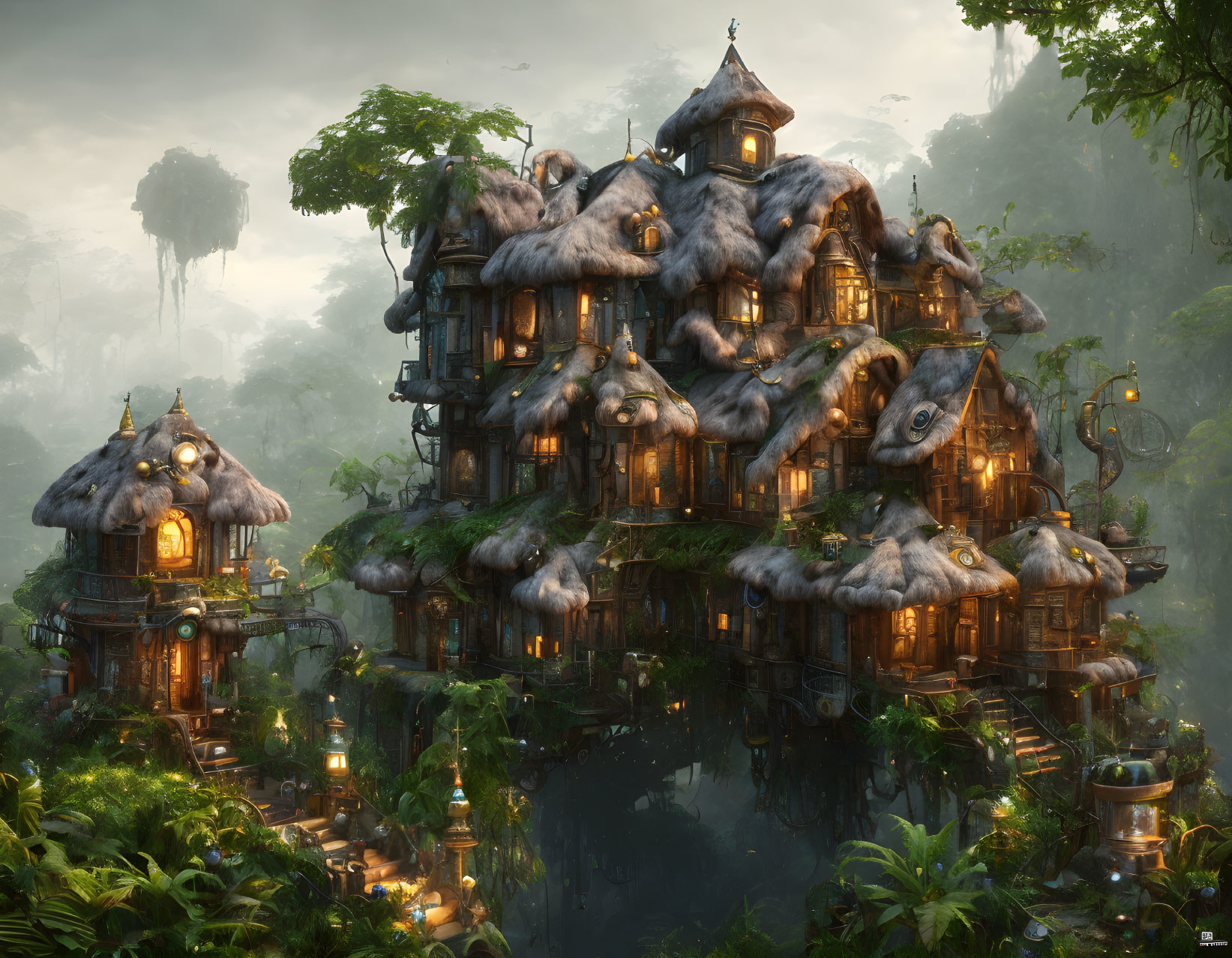 Enchanting multi-level treehouse in misty jungle oasis