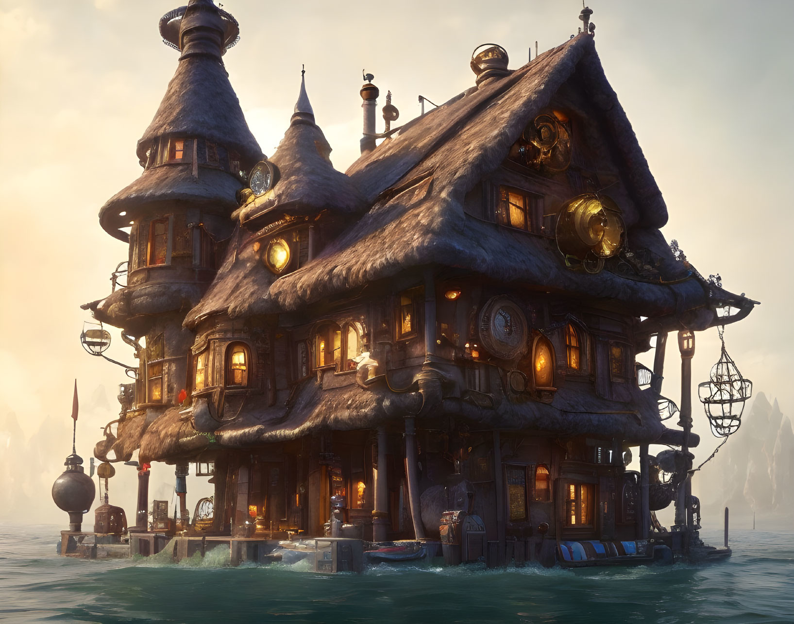 Fantasy-style floating house with multiple levels, steep roofs, lit windows, and intricate details at dusk