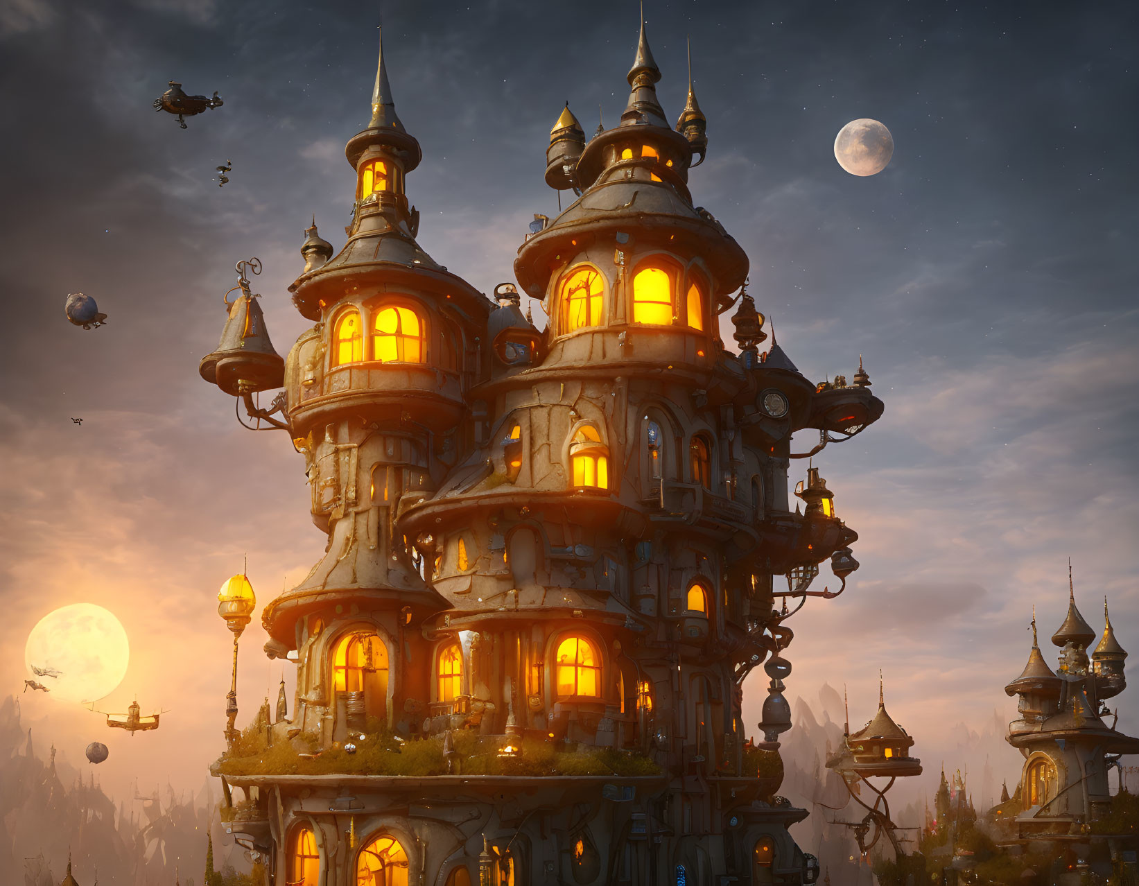 Fantasy castle at twilight with moons, flying ships, and lanterns