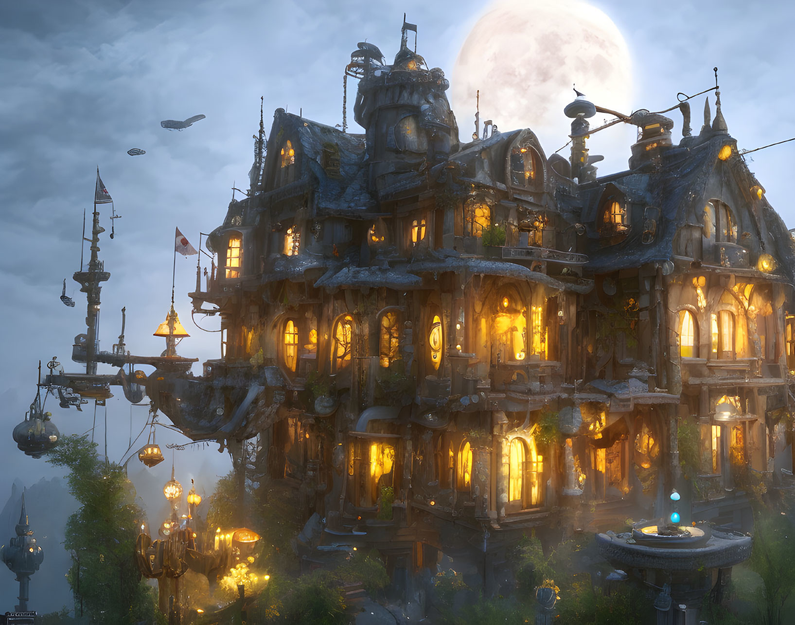 Fantasy building with glowing windows and flying ships under a full moon