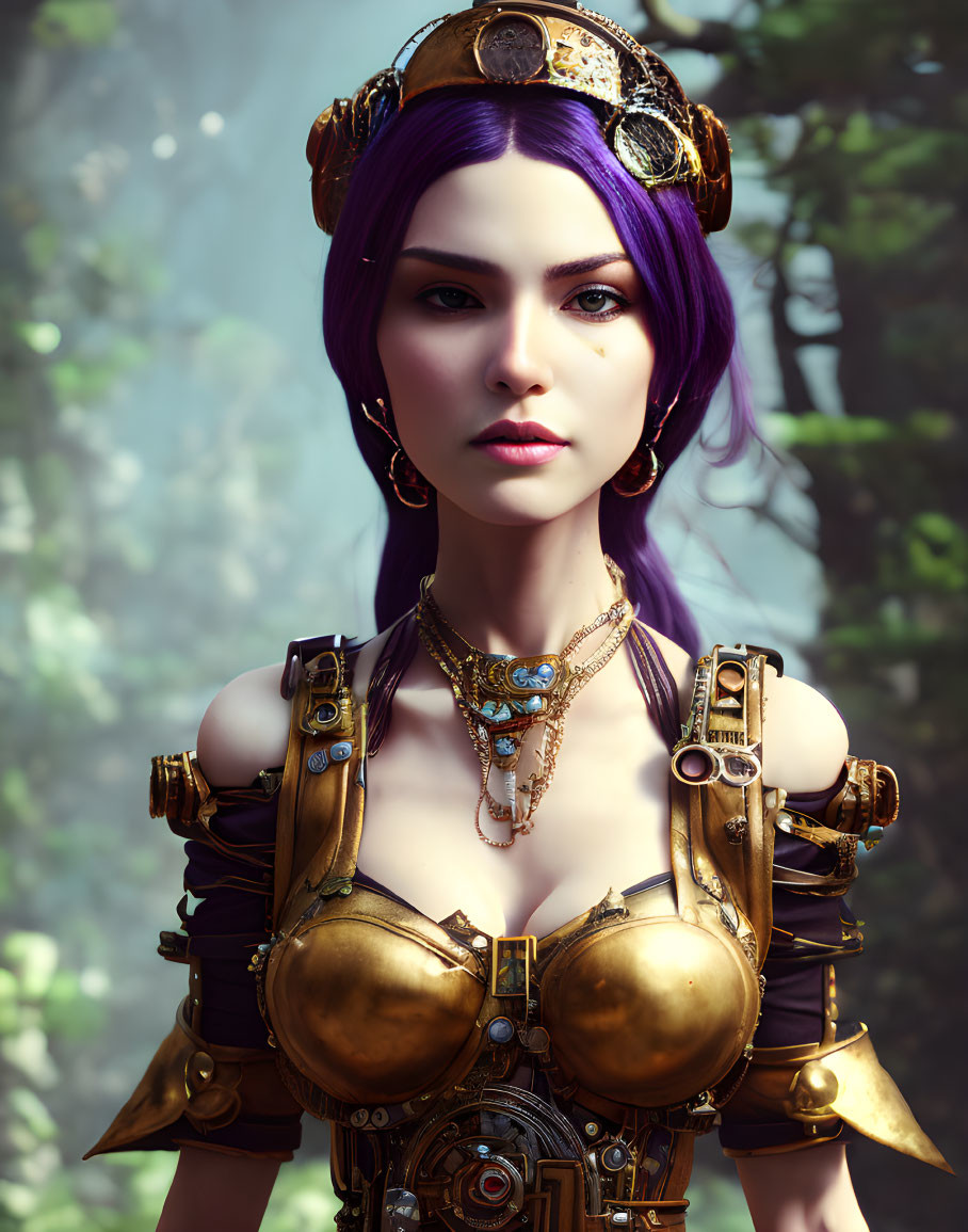 Digital artwork: Woman with purple hair, golden crown, ornate armor, and blue gem accents in