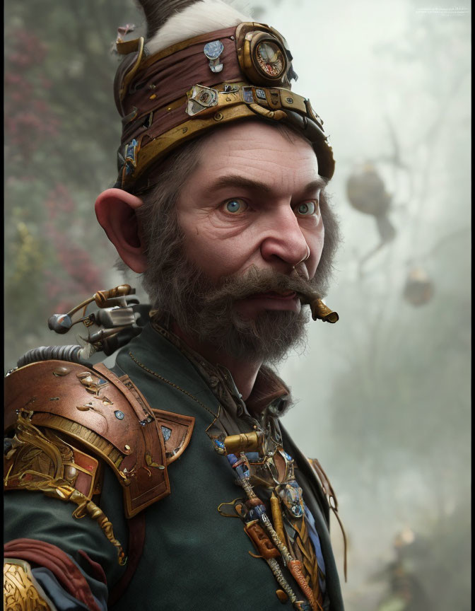 Detailed portrait of fantasy character with pointed ears, crown, ornate armor, in foggy forest smoking