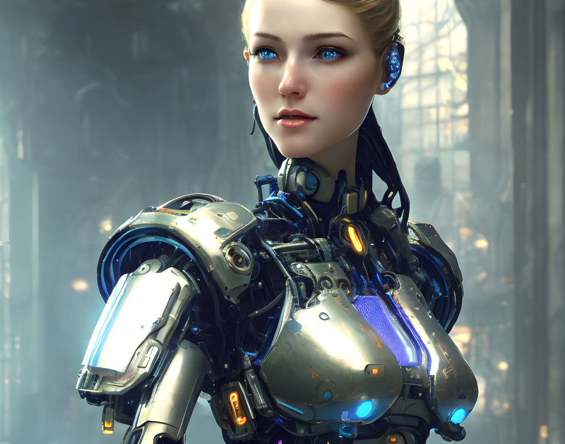 Detailed portrait of female android with blue eyes and metallic cybernetic parts