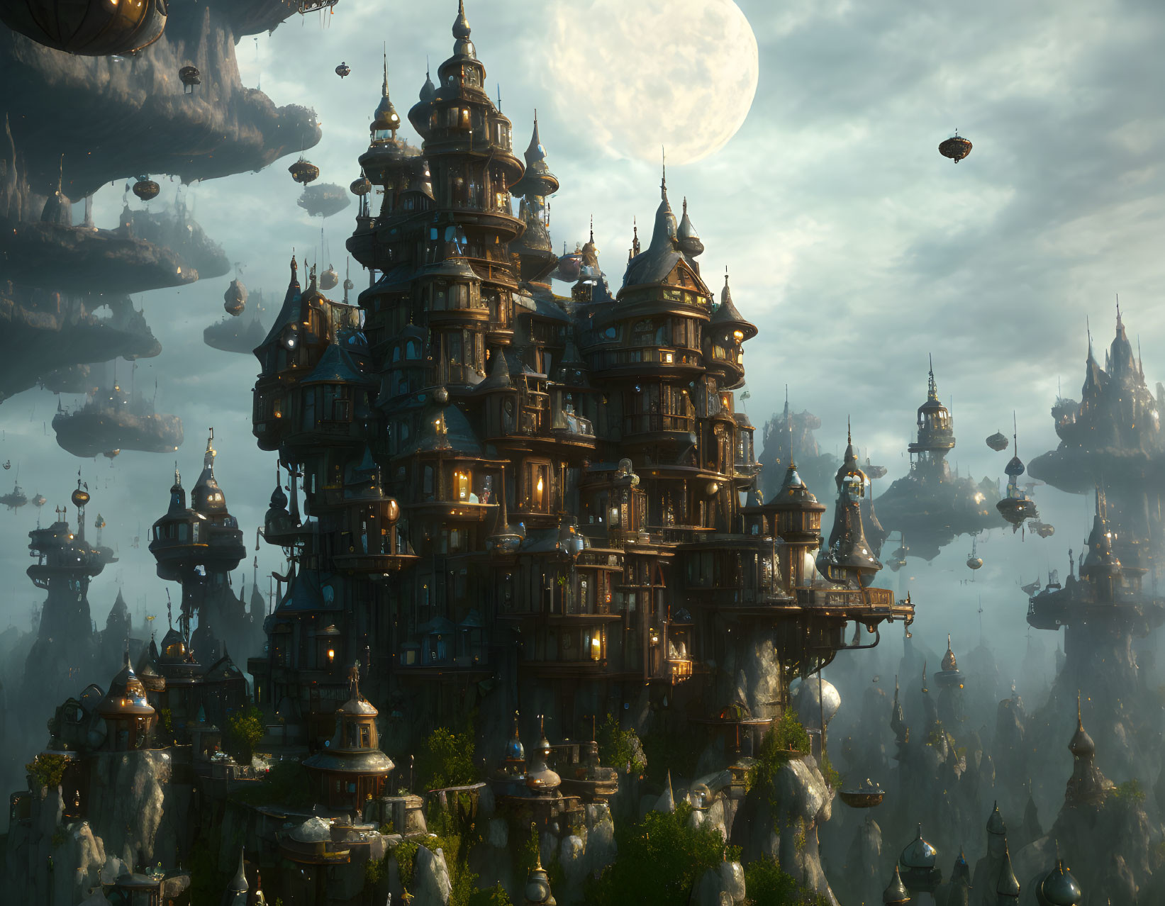 Ethereal fantasy city with wooden buildings on rock formations