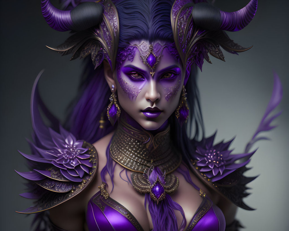 Purple-skinned female fantasy character in horned headdress and dark armor with gold accents and violet gem