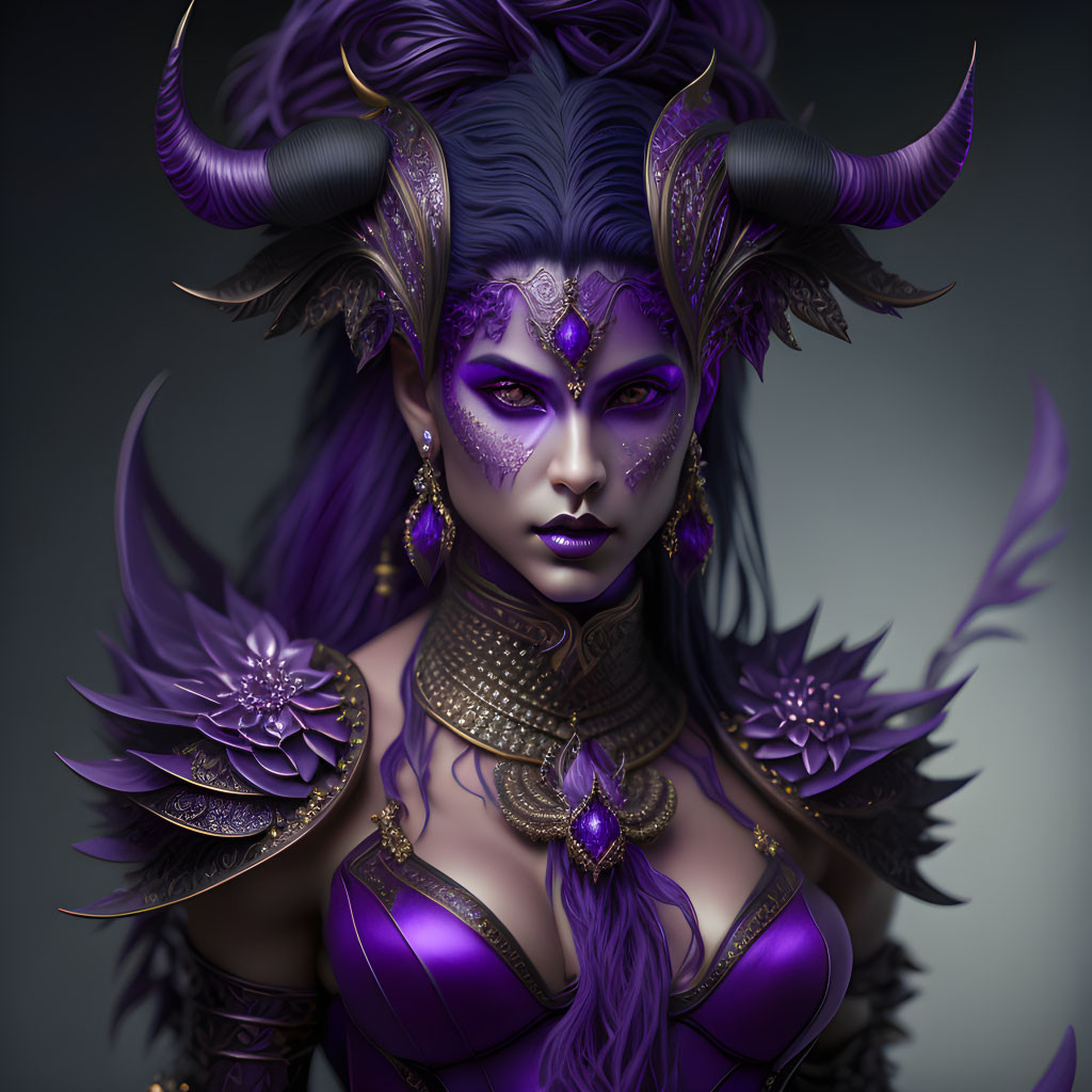 Purple-skinned female fantasy character in horned headdress and dark armor with gold accents and violet gem