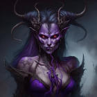 Purple-skinned female fantasy character in horned headdress and dark armor with gold accents and violet gem