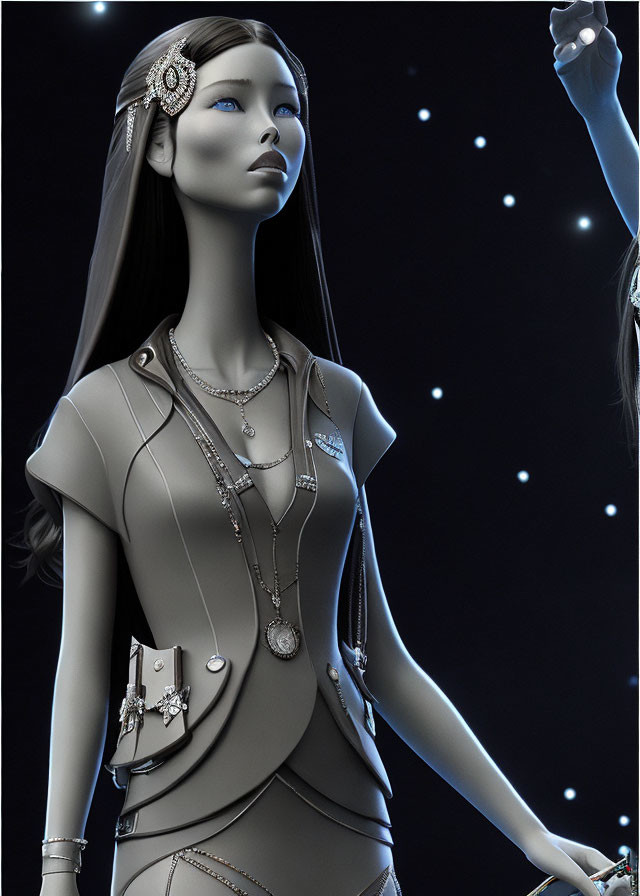 Stylized female character in futuristic attire with blue eyes on starry backdrop