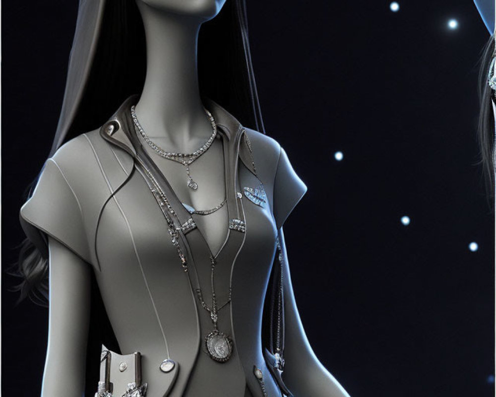 Stylized female character in futuristic attire with blue eyes on starry backdrop