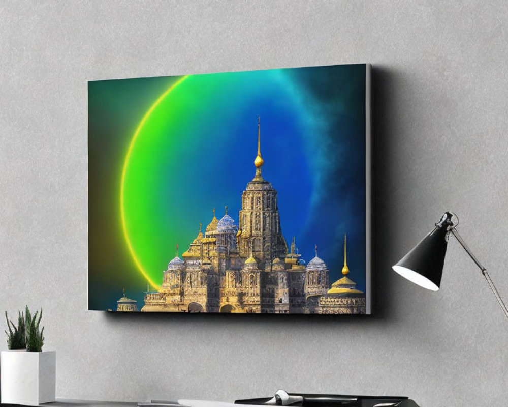 Architectural structure with golden dome on canvas against cosmic backdrop.