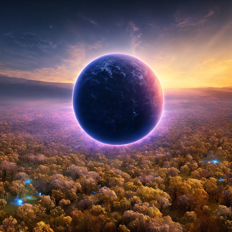 Surreal autumn forest landscape with mysterious celestial body