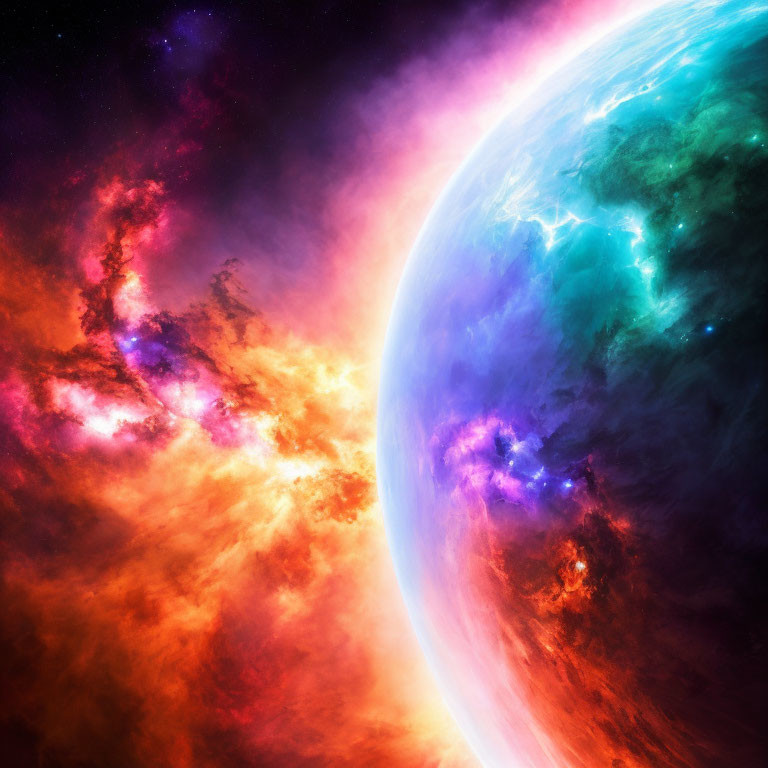 Colorful celestial digital artwork with vibrant planet and glowing nebula backdrop