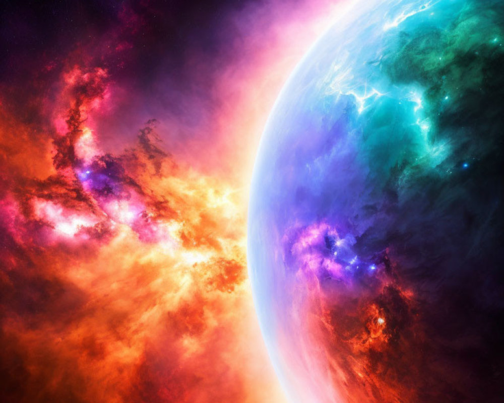 Colorful celestial digital artwork with vibrant planet and glowing nebula backdrop