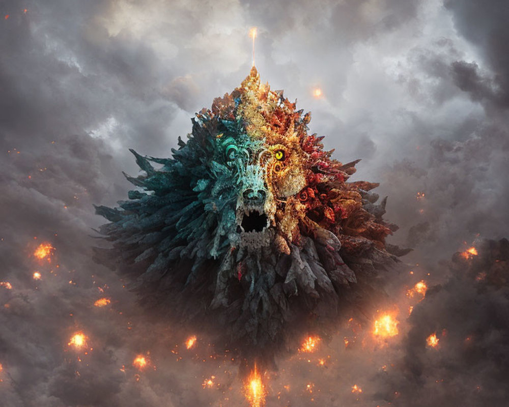 Colorful lion-like mystical creature emerging from clouds with fiery embers.