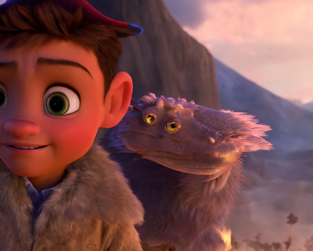 CGI animation still: Boy in hat with surprise expression beside purple creature in fiery landscape