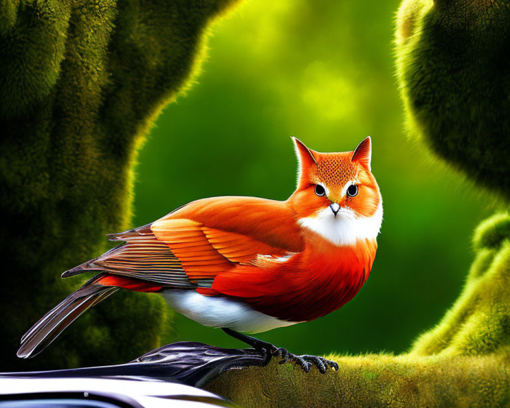 Bird-bodied creature with fox head on metallic surface in mossy setting