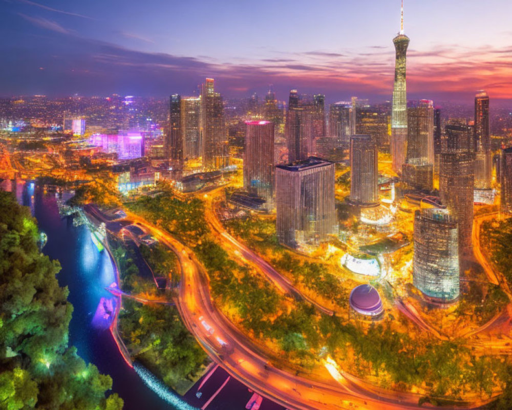 Cityscape with illuminated skyscrapers, winding river, greenery, and busy roads