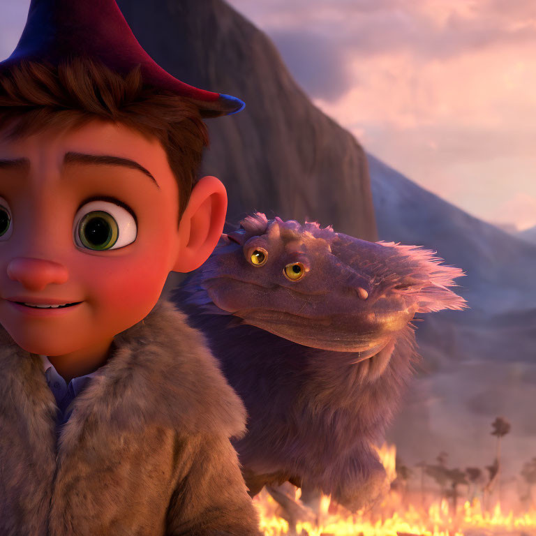 CGI animation still: Boy in hat with surprise expression beside purple creature in fiery landscape