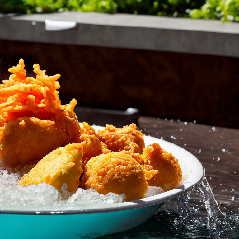 Crispy Fried Chicken on Sudsy Surface with Water Splash