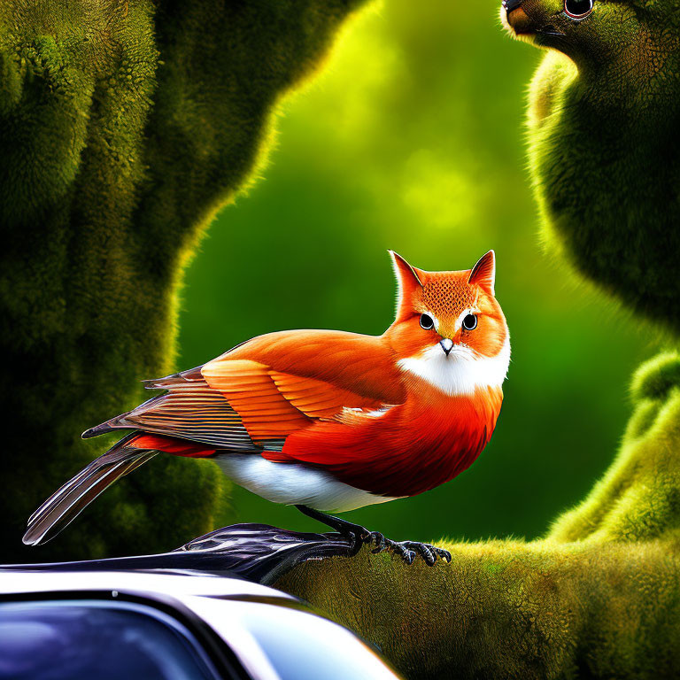 Bird-bodied creature with fox head on metallic surface in mossy setting