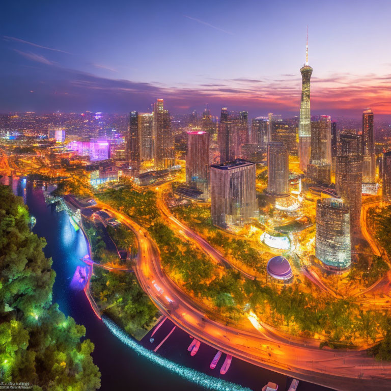 Cityscape with illuminated skyscrapers, winding river, greenery, and busy roads