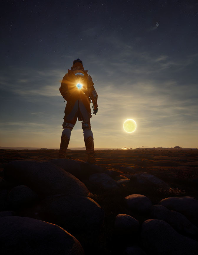 Astronaut in spacesuit on rocky terrain under twilight sky with sun and moon.