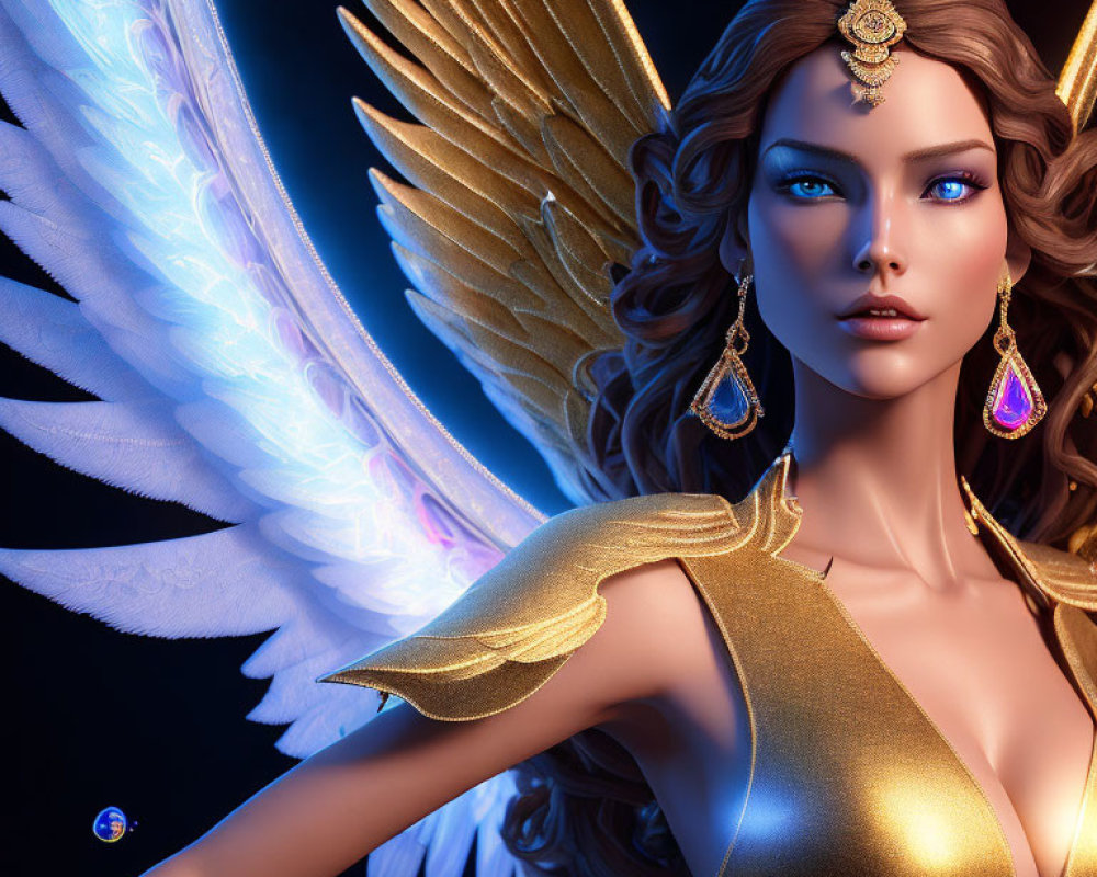 Golden-armored woman with blue-white wings in fantasy illustration