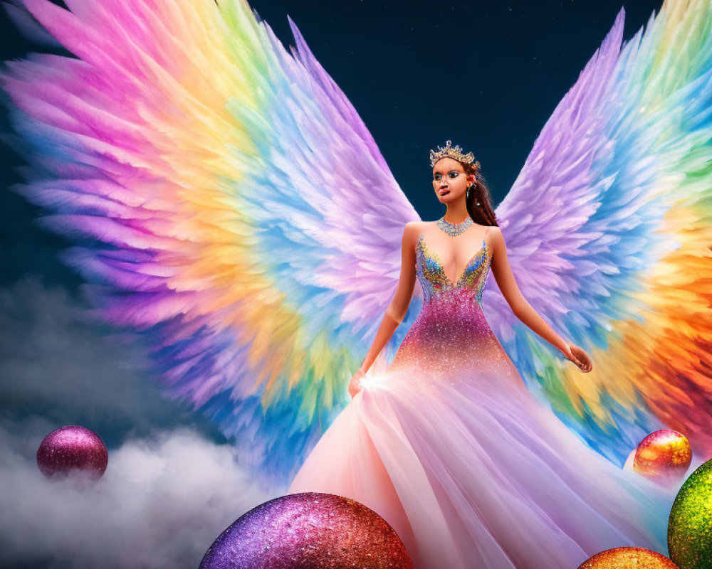 Person in Sparkling Dress with Colorful Wings in Starry Sky