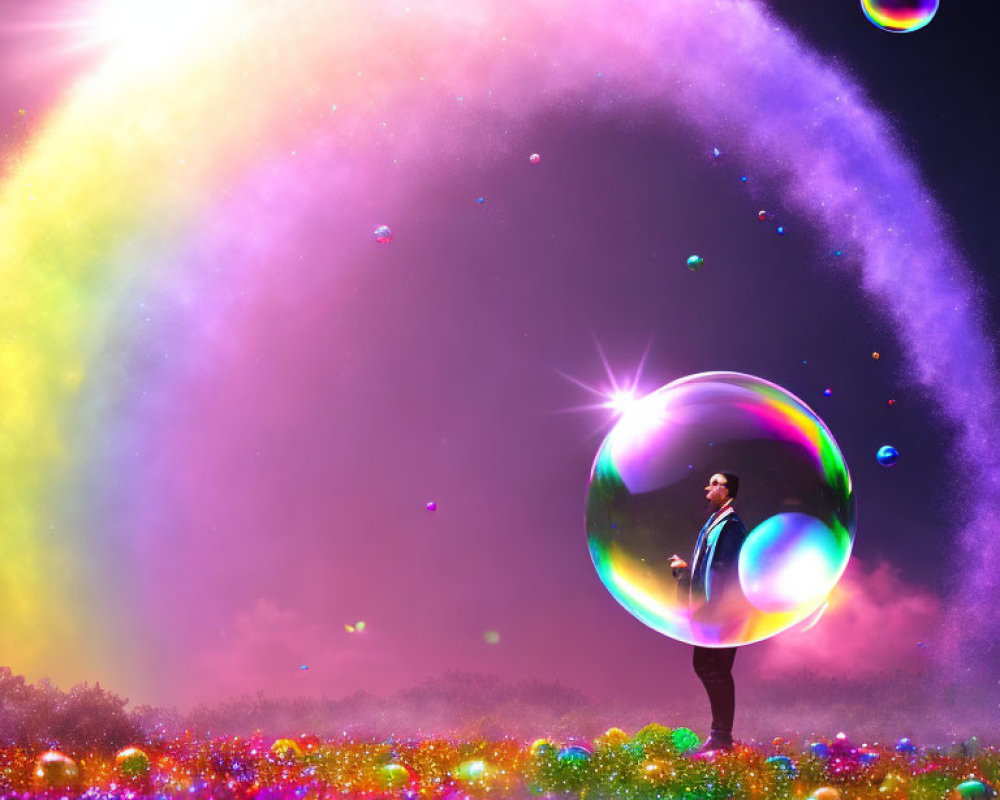 Man in suit on vibrant floral field with soap bubbles under colorful starry sky