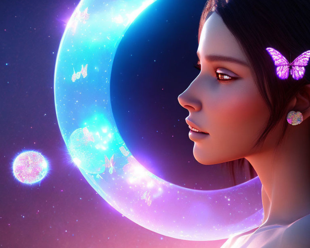 Woman with serene expression, butterfly, and celestial crescent in profile.