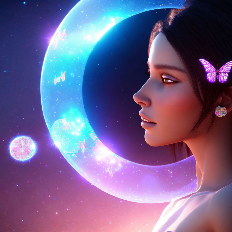 Woman with serene expression, butterfly, and celestial crescent in profile.