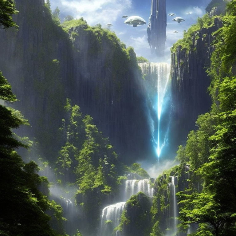 Fantastical landscape with green cliffs, waterfalls, blue stream, and floating sci-fi structures