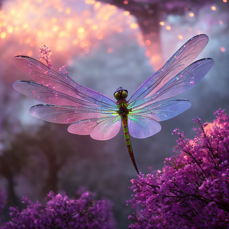 Iridescent dragonfly on purple blossoms with bokeh background