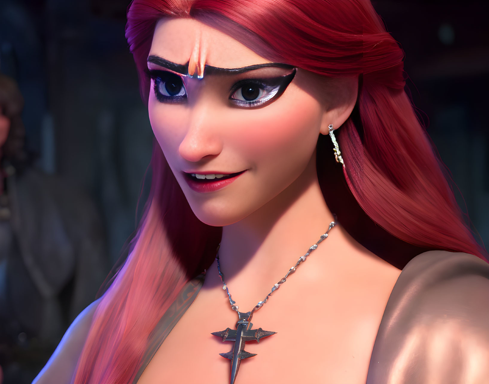 Close-up: 3D animated female character with red hair, star pendant, and confident smile
