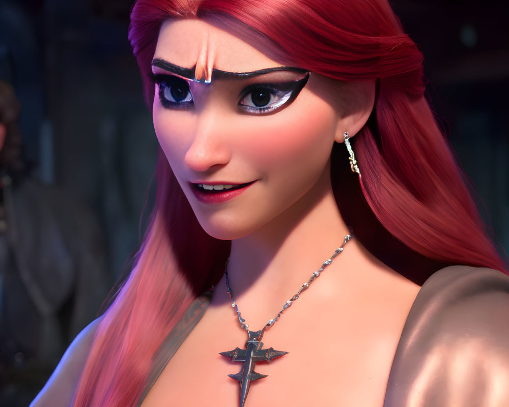 Close-up: 3D animated female character with red hair, star pendant, and confident smile