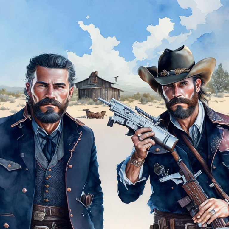 Two stern cowboys in period attire with revolver in desert backdrop.